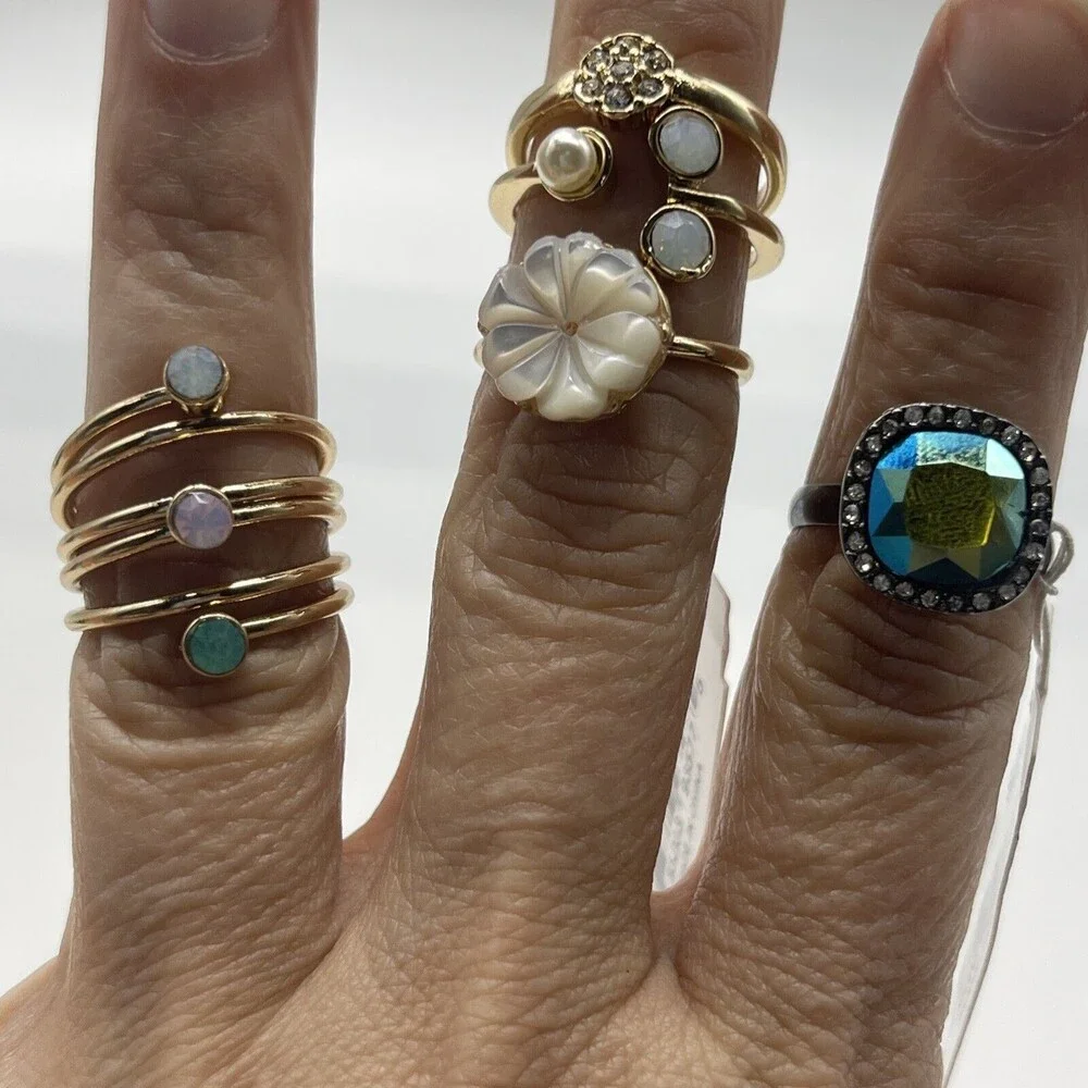 ViVl Set of 3 Mixed Ring Bundle Lot Gold Silver Crystal New With Tags Sz 7